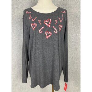 Holiday Lane Candy Cane Hearts Plus Graphic Tee Long Sleeve Gray Size 2X NWT's